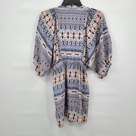 H&M Women Blue Multicolor Aztec Print Crew Neck Casual Mini Dress Size 2 - Picture 9 of 10